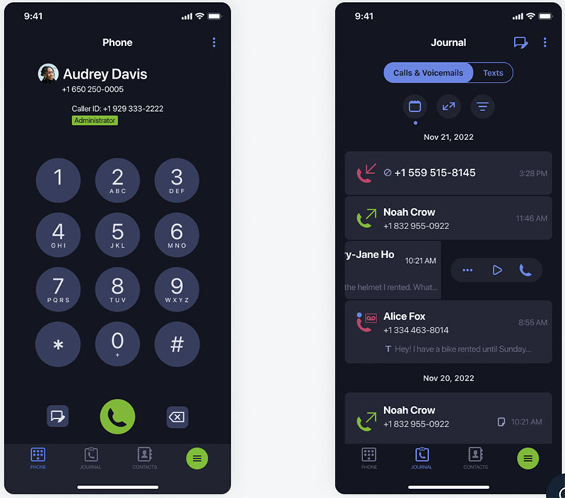 MightyCall mobile app in dark mode with dial pad and call logs displayed.