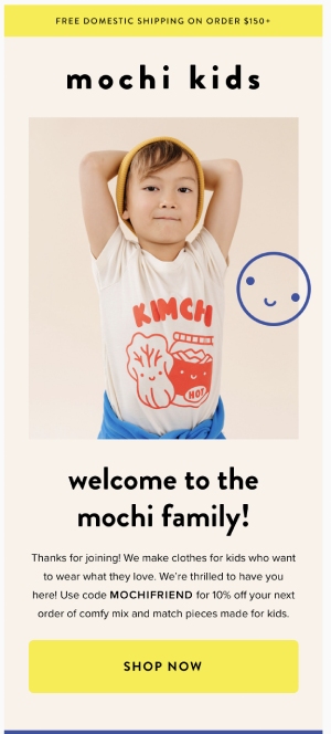 Welcome email from clothing brand Mochi Kids