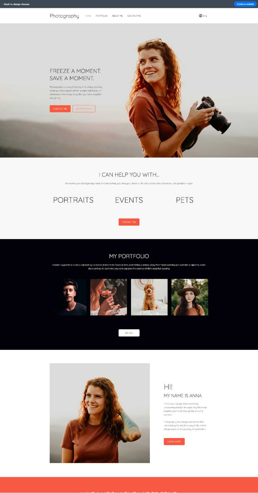 Template for a portfolio website by Mozello.