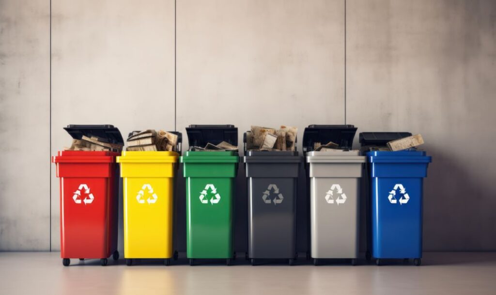 Different colored waste and recycling bins.