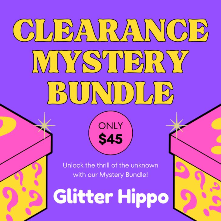 Purple ad for a mystery clearance bundle from glitter hippo with graphics of boxes covered in question marks. 