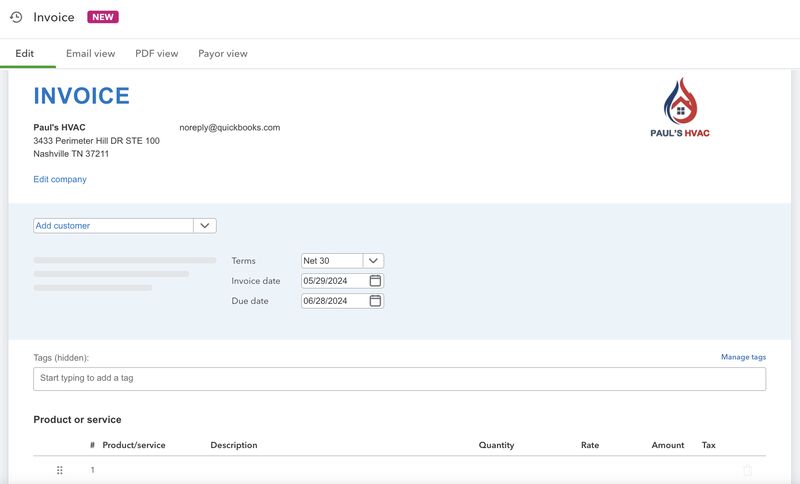 Sample invoicing layout in QuickBooks Online where you can customize invoices on the spot.