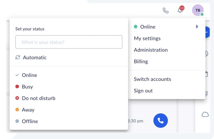 Nextiva team presence settings with availability options.