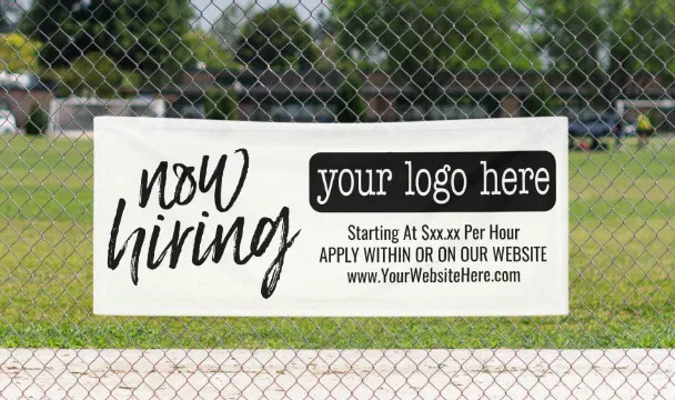 Now Hiring banner on a fence. Template by Zazzle