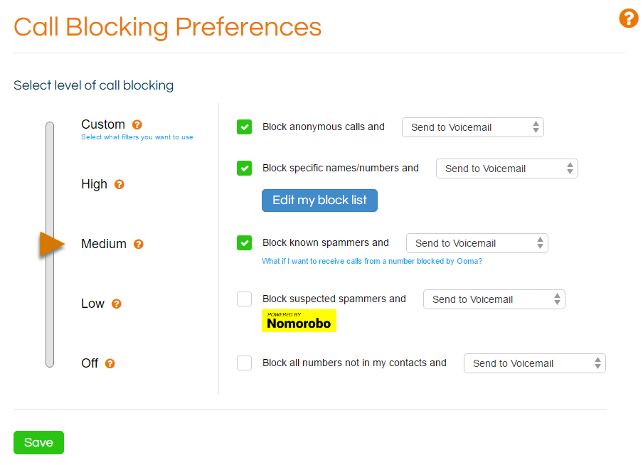 Ooma Office call blocking preferences and configuration options.