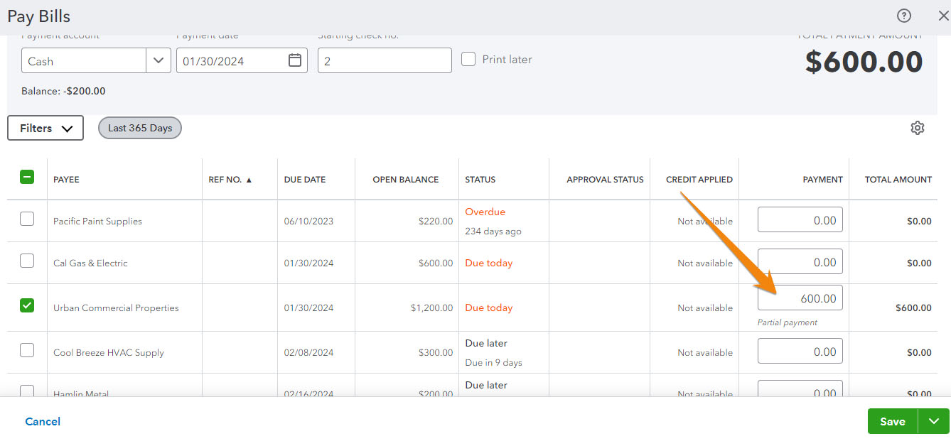 Pay Bills screen in QuickBooks showing where to enter partial payment towards a bill.