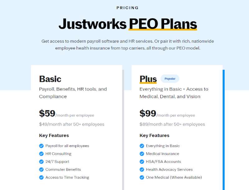 Justworks PEO pricing plans.