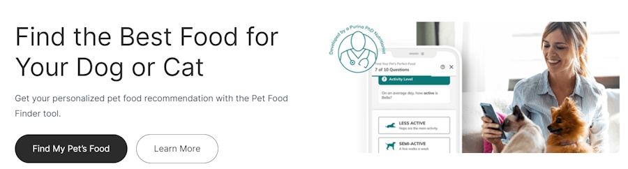 Purina website with personalized pet food recommendation tool.
