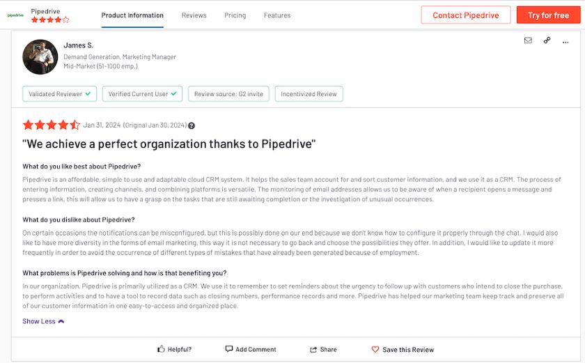 An example of a Pipedrive CRM user review posted on the G2 review site.