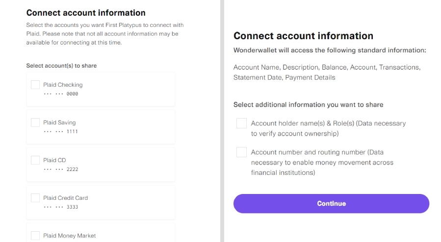 Plaid connect account information window