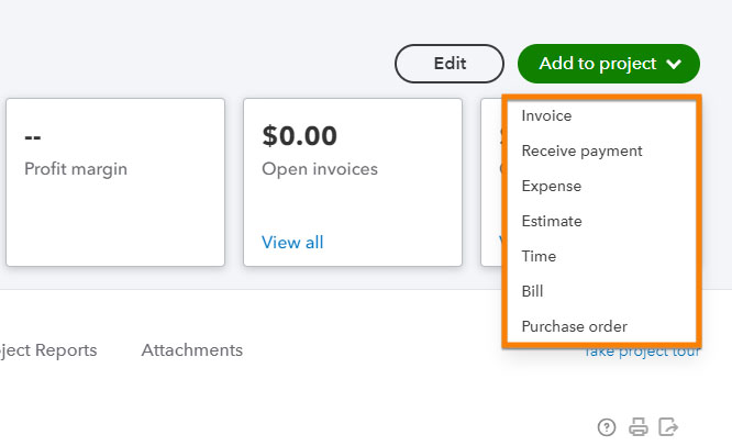 Screen showing how to add transactions, such as expenses and invoices, to projects in QuickBooks.