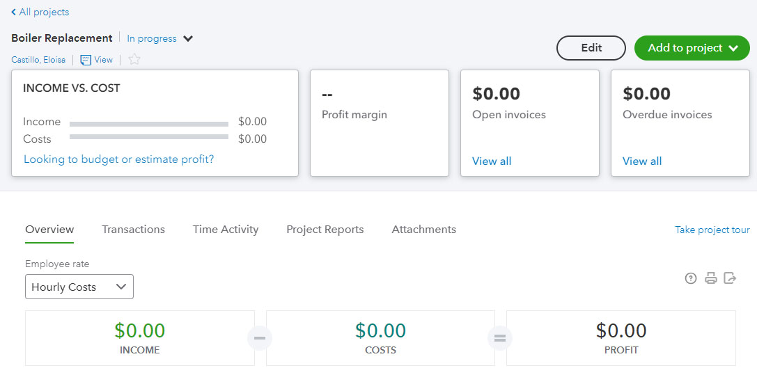 Project dashboard in QuickBooks Online for a newly created project.
