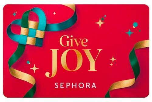 Red holiday-inspired Sephora gift card with green bows and hearts.