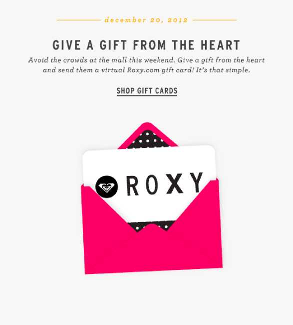 Roxy email with gift card in pink envelope.