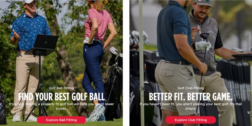 Titleist website with images plus ball fitting and club fitting tool options.