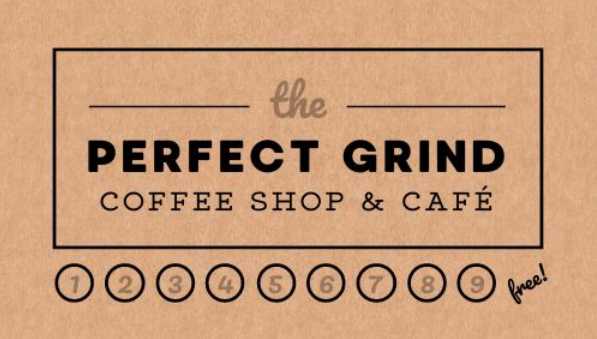 The Perfect Grind punchcard with nine punchcard spots followed by a free coffee on a cardboard punch card.