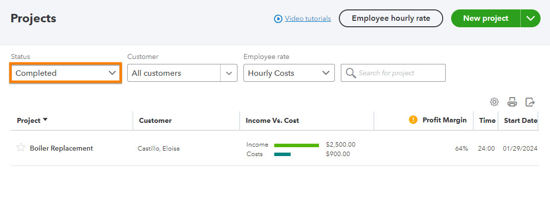 Screen showing how to access a completed project in QuickBooks Online.
