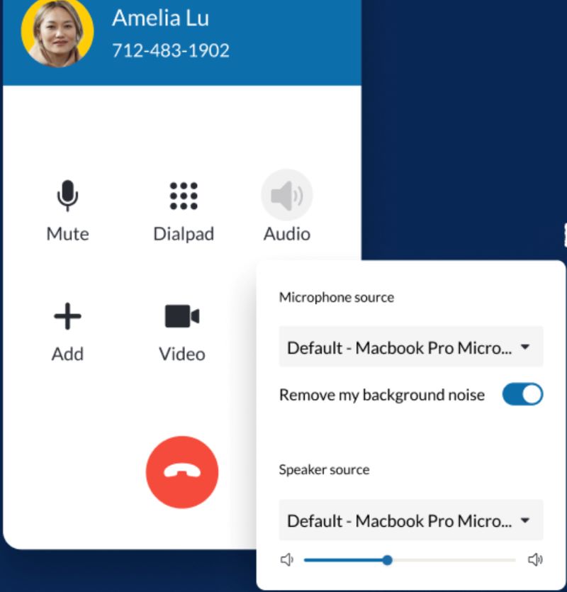 RingCentral active call window with background noise settings