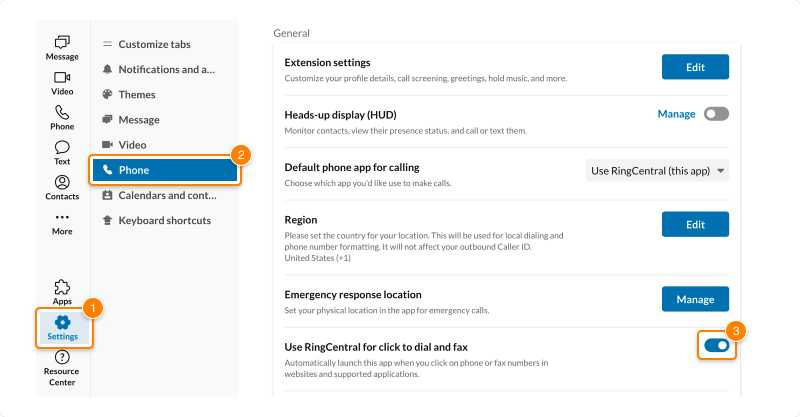RingCentral interface showing the phone settings with the "Use RingCentral for click to dial and fax" toggled on