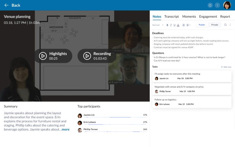 RingCentral meeting summary with recording, notes, and transcript