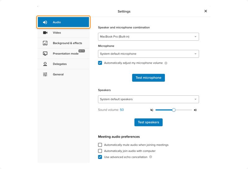RingCentral Video general settings for microphone and audio