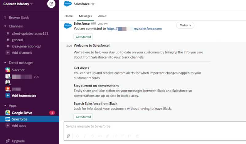 An example of a Salesforce app integrated into the Slack app.