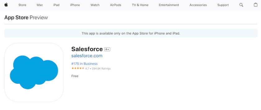 Salesforce mobile app's product rating of 4.7 out of 5 stars on the App Store