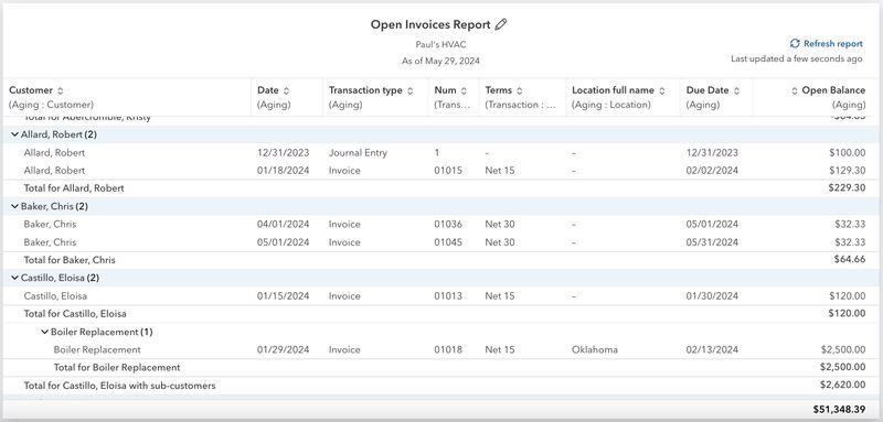 ample QuickBooks Open Invoices Report using the Modern View showing details like customer and invoice information.