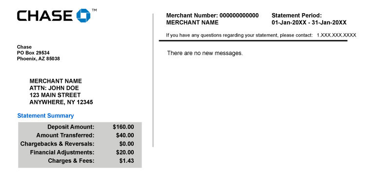 A sample bank statement from Chase showing bank, business, and account information, the statement period, account summary, and more.