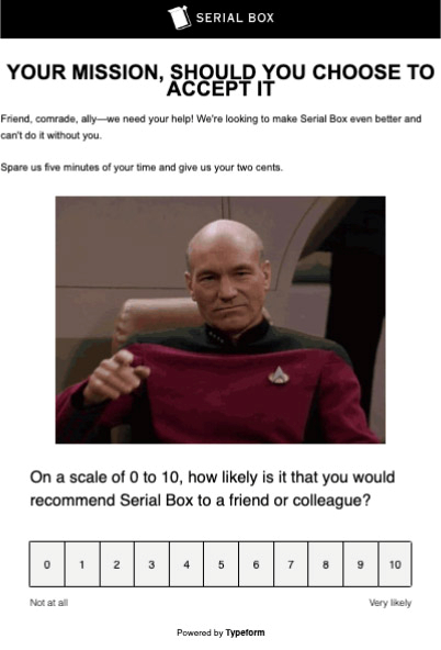 Email from the app Serial Box with a customer satisfaction survey
