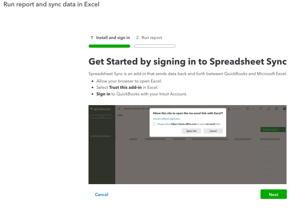 Screen showing how to set up SpreadSheet Sync in QuickBooks Online Advanced.