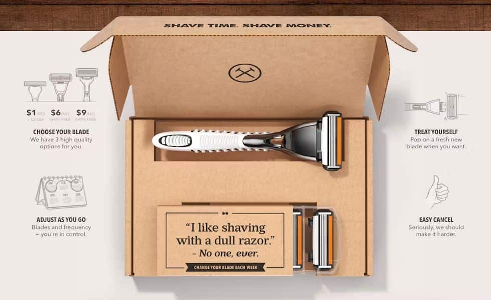 Dollar Shave Club shipment with a razor and extra blades.