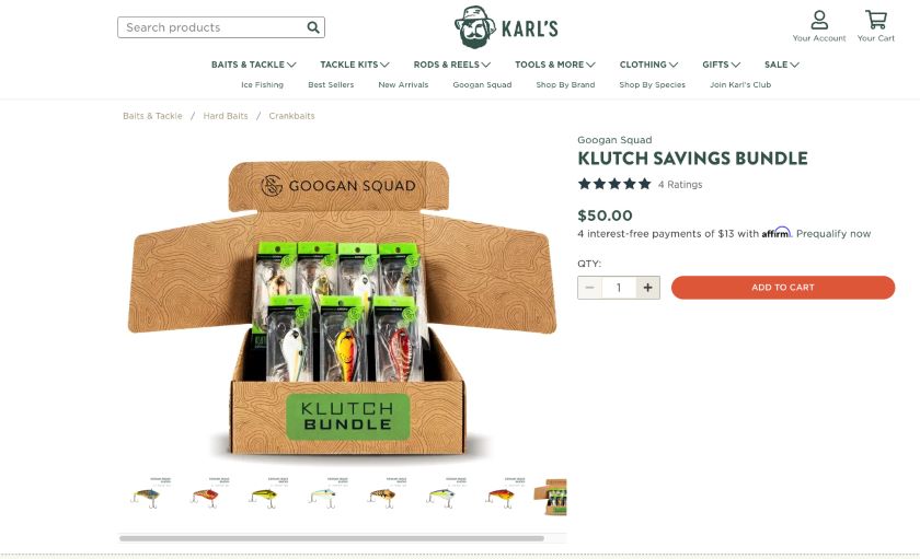 Shop Karl's product page for the Klutch Savings Bundle with a box full of fishing lures.