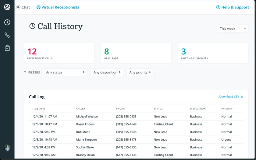 Smith.ai's dashboard showing a sample call history.