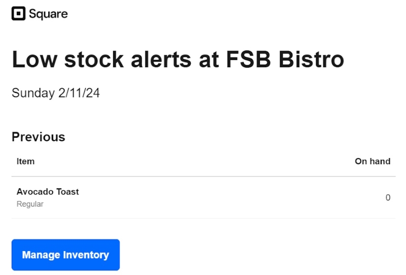 Square POS low-stock alert email message.