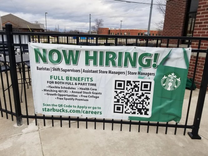 Starbucks Now Hiring sign