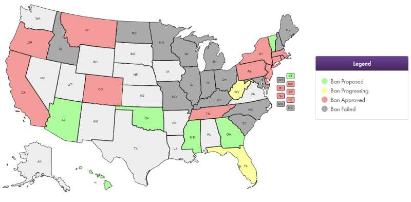 Map of US showing the status of cashless ban legislations for different states.