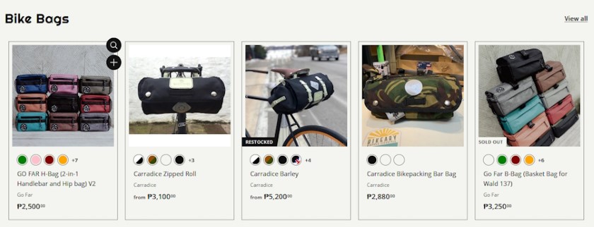 Bikeary website with images and prices for bicycle bags.