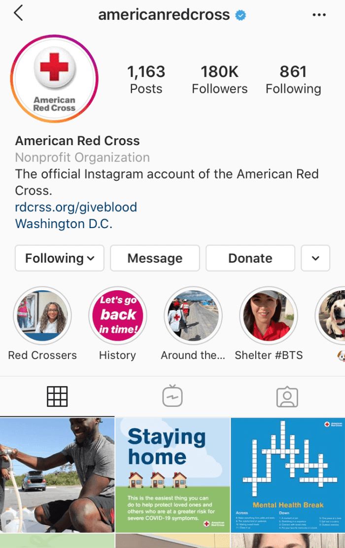 The American Red Cross Instagram page with five highlighted stories and three posts.