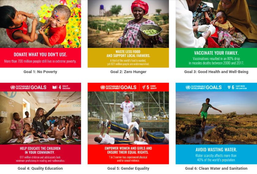 Six images depicting various social causes along with related objectives, including poverty, hunger, health, and education.
