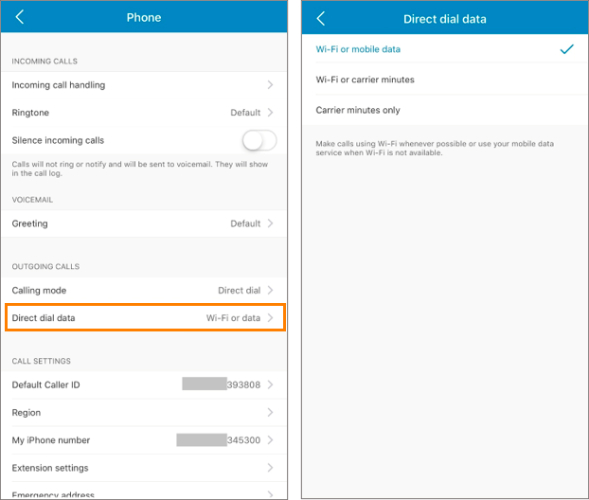 Two RingCentral interfaces showing call settings: one with an orange box highlighting "Direct dial data" under "Outgoing calls" and another with the option "WiFi or mobile data" toggled on