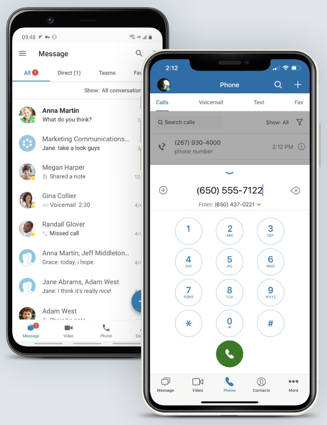 Two screenshots of the RingCentral mobile app with dial pad and message interface.
