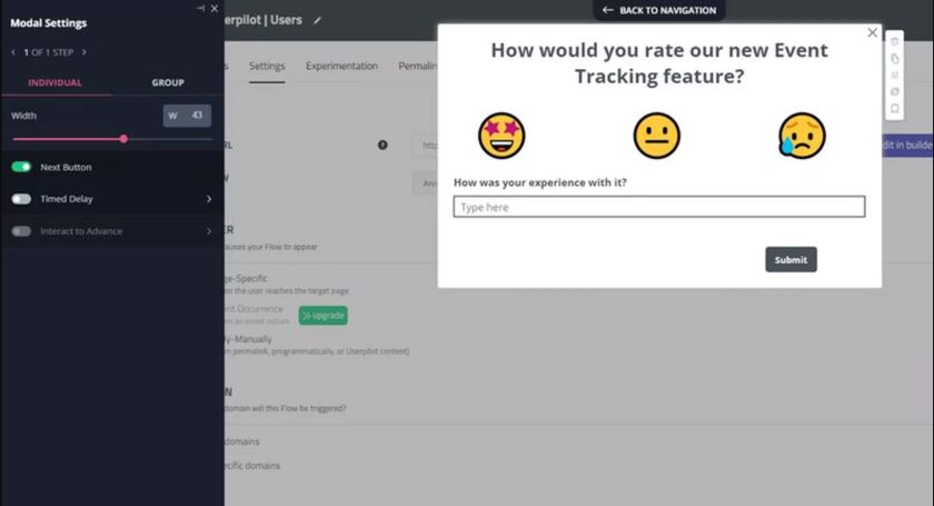 An example of an in-app survey created using Userpilot for validating new product features.