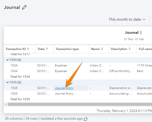 Journal report highlighting a journal entry link to directly access a journal entry in QuickBooks.