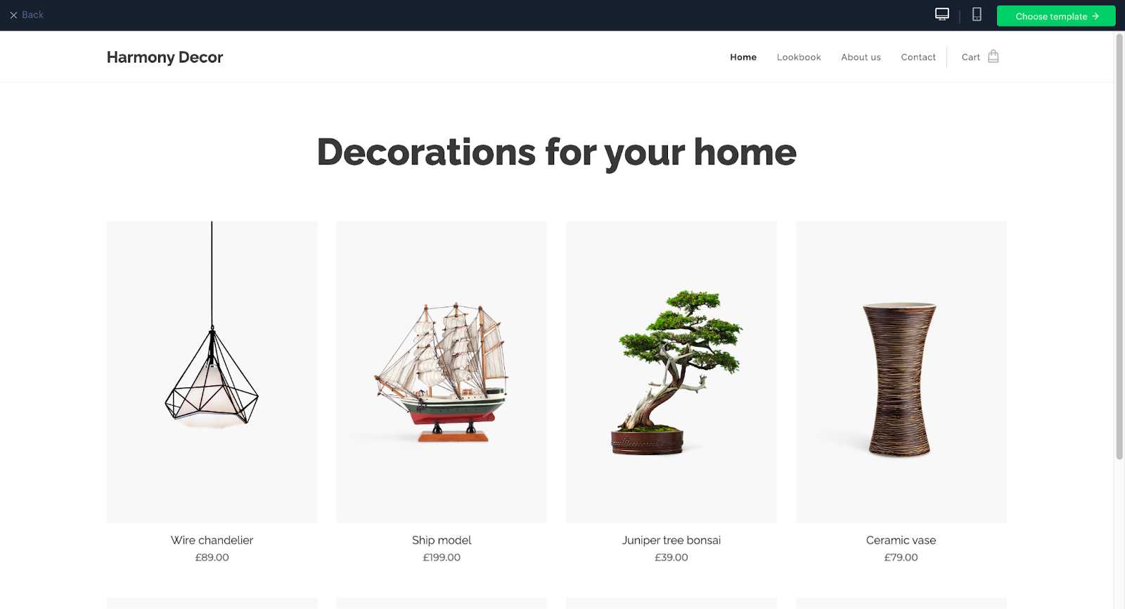 Template for an online home decor store by Webnode.