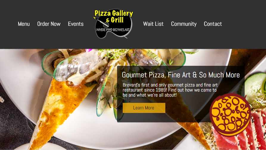 Webpage of Pizza gallery and grill showing food.