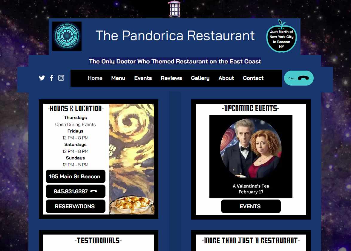 Webpage of the Pandorica Restaurant showing its Dr. Who theme.