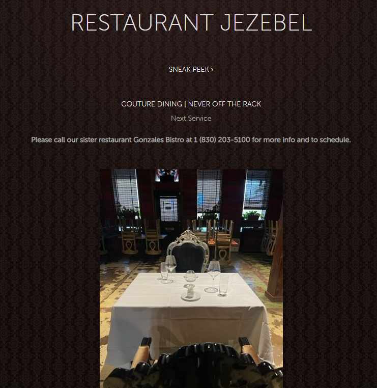 Website of restaurant Jezebel with caption and photo of the dining area.