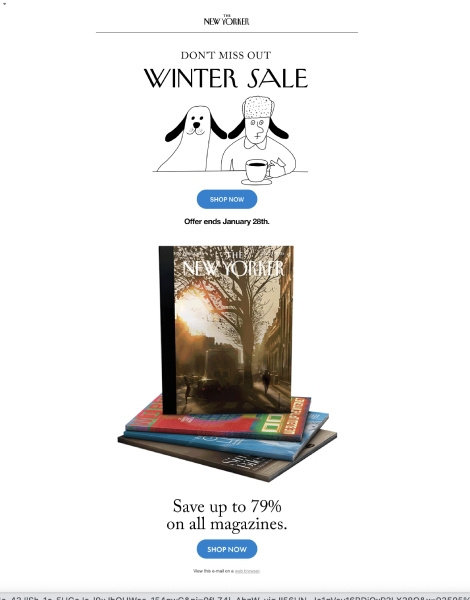 Email from The New Yorker promoting a winter sale as part of the brand's overall campaign