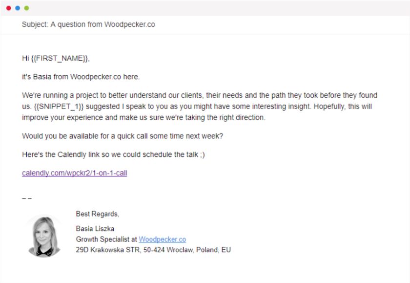 An example of an email request for a customer interview by cold email tool Woodpecker.co.